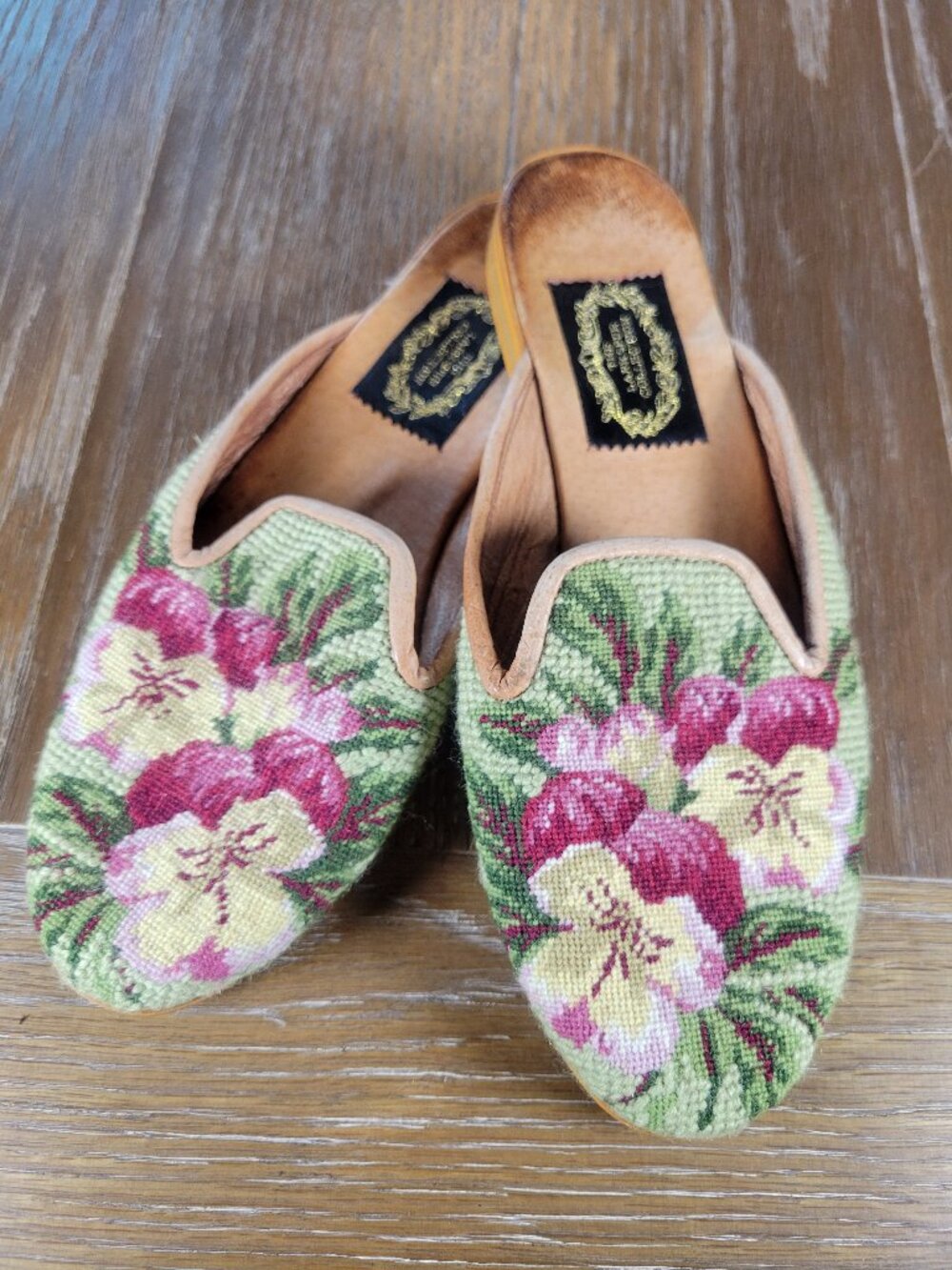 The Lawrence Collection Floral Needlepoint Belgian Style Leather Slipper Loafers